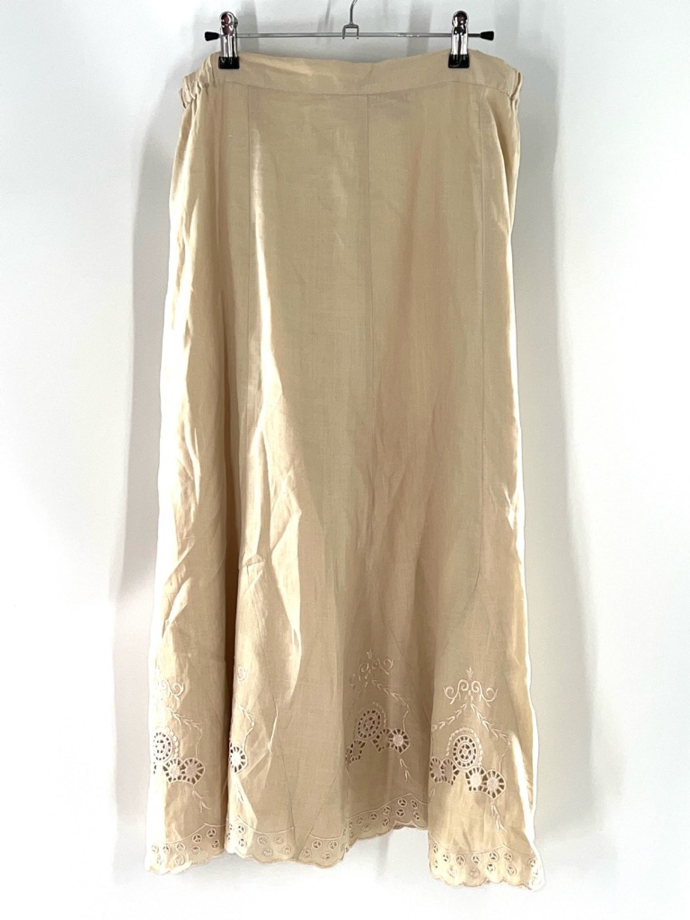 Vigoss Beige 100% Linen Eyelet Hem A-Line Maxi Skirt-Size 14